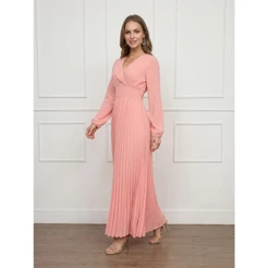 Vestido Longo com Manga Longa, Decote V e Saia Plissada Elegante Para Festas