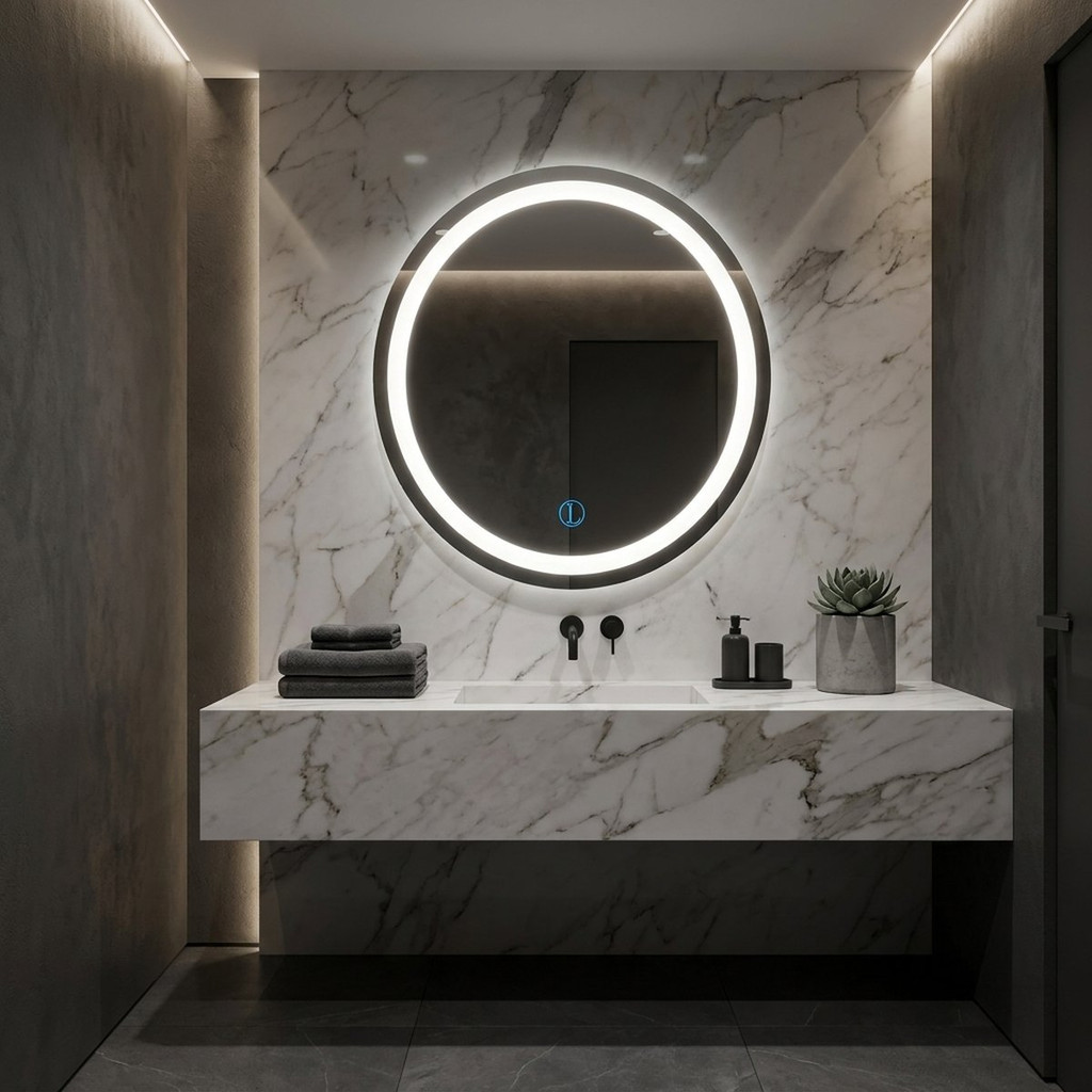 Espelho Lopazzi Redondo c/ Led Jateado 3tons 60x60 Polido P/ Banheiro Penteadeira Quarto Salão Lavabo