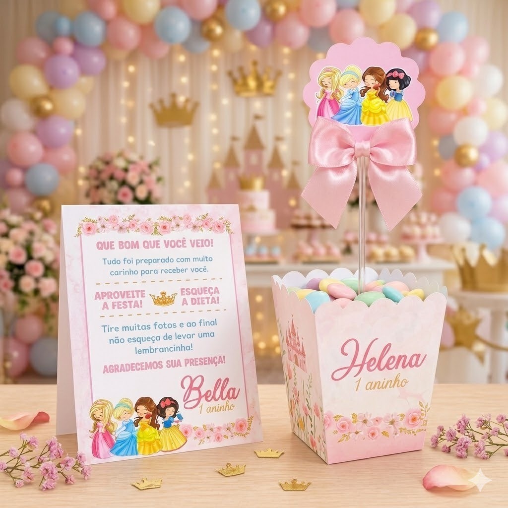 Kit centro de mesa + plaquinha personalizados PRINCESAS CUTE BABY - pegue e monte lembrancinhas