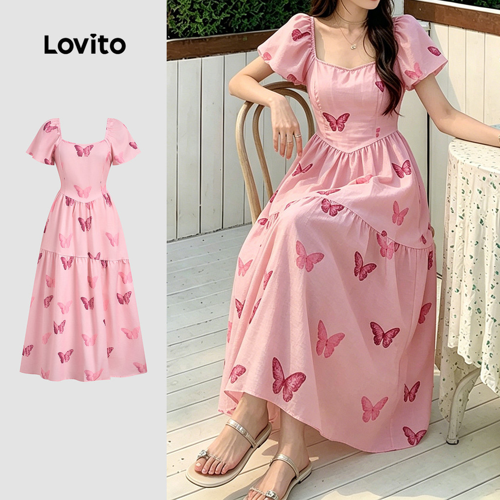 Lovito Vestido elegante borboleta em camadas primavera/verão, cinza, rosa, vestido para mulheres LK3ED1899