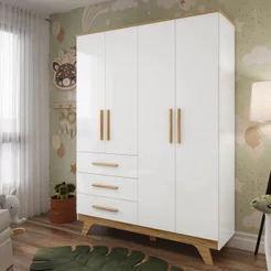 Guarda Roupa Infantil 4 Portas 3 Gavetas 100% Mdf Kakau Retrô Yescasa Branco Brilho/Amêndoa