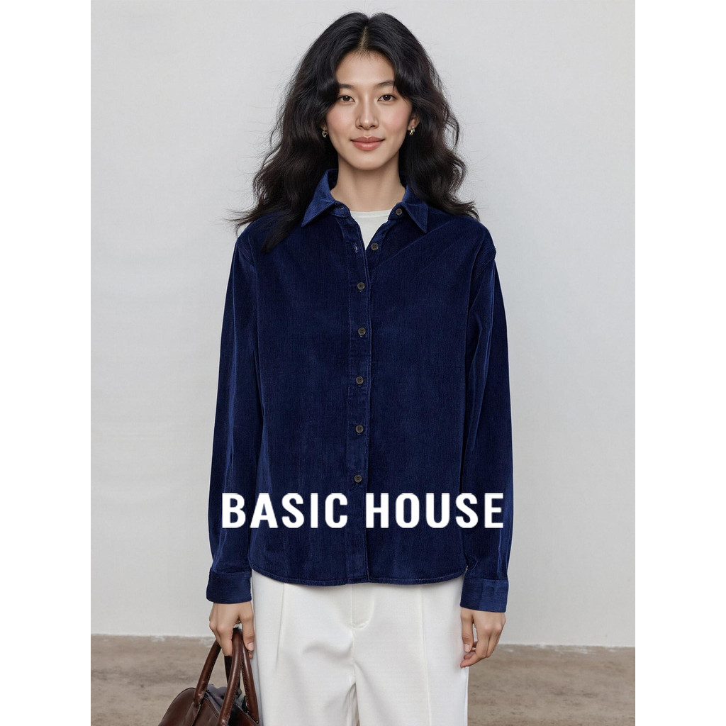 Casa básica/casa básica azul marinho veludo gola polo camisa feminina primavera aparência gigante camisa Cardigan