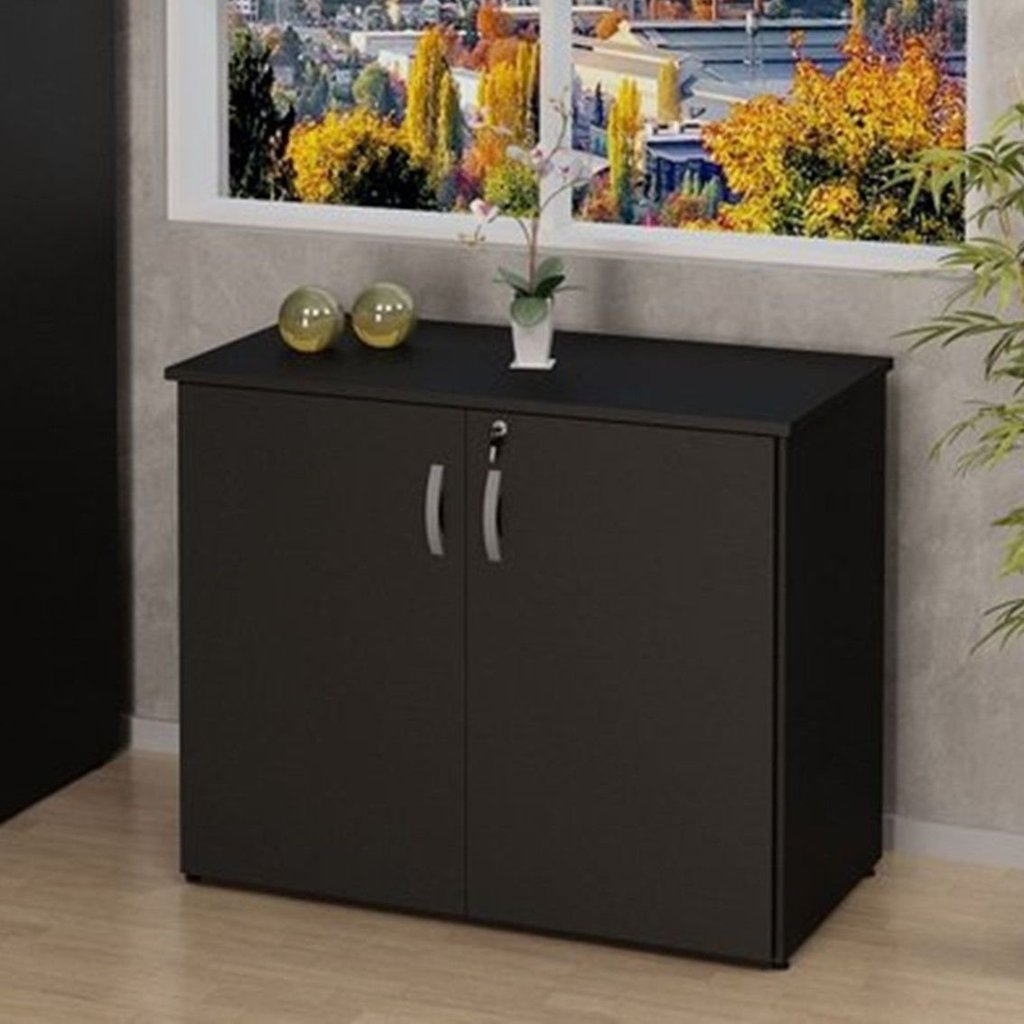 Armário para Escritório Multiuso Baixo Fechado 2 Portas 80cm Preto Preto