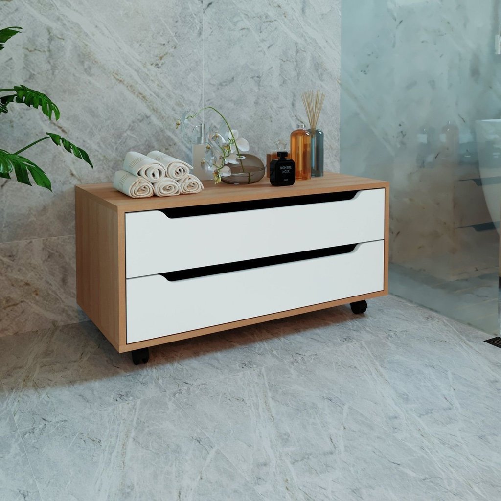 Armário para Banheiro com 2 Gavetas com Rodízio 80 cm BN3643 Marrom/Amêndoa/Branco Amêndoa/Branco