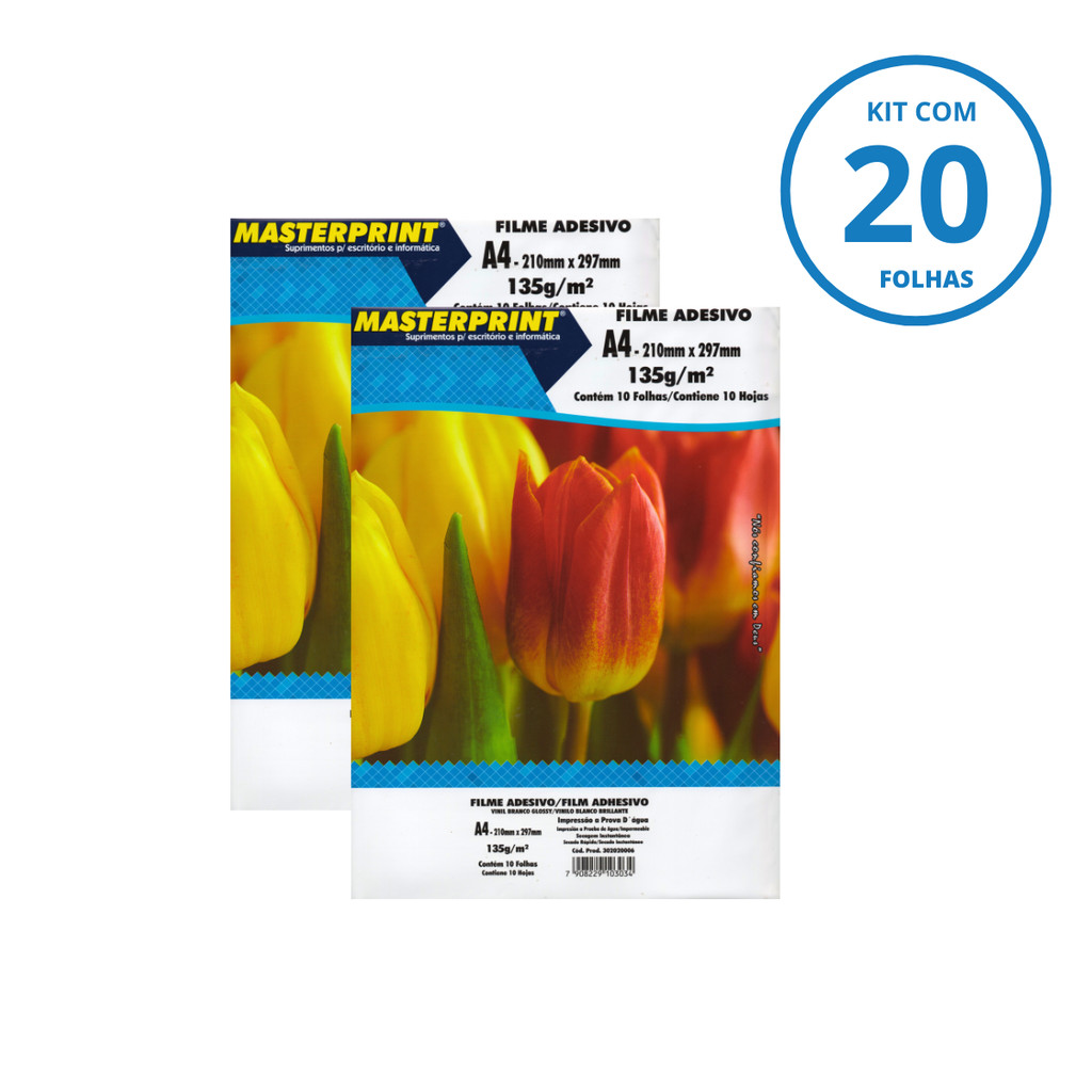 Kit 20 Folhas Filme Adesivo Vinil Branco 135g/m² A4 - MASTERPRINT (2 Pacotes com 10)