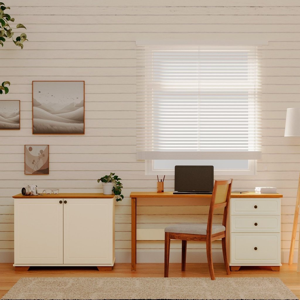 Conjunto 2 Peças Escrivaninha e Armário 2 Portas Pés em Madeira Maciça Ananda CabeCasa MadeiraOriginals Off White