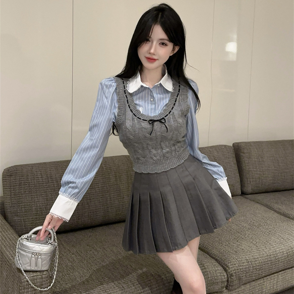 2026 novo estilo estilo coreano estilo Preppy jk uniforme terno cinza colete de malha camisa listrada saia plissada tern