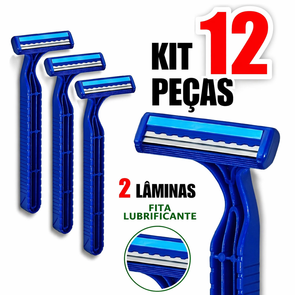 Kit 12 Barbeador Descartável 2 Lâminas com Fita Lubrificante Prestobarba Uso Diário e Profissional