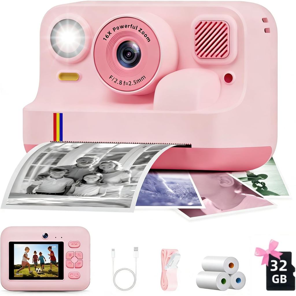 Câmera de Impressão Instantânea para Crianças, Presentes de Natal e Aniversário para Meninas e Meninos de 3 a 15 Anos, C