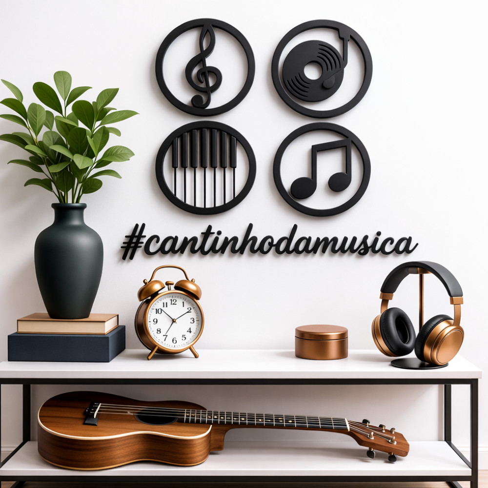 Kit 4 Quadros Musica Clave de Sol Teclado Piano Disco de Vinil Decorativo Parede Decoração Quarto