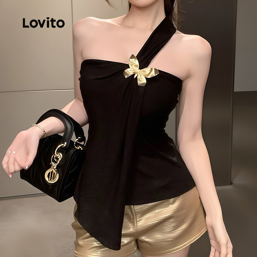Lovito Top Elegante Assimétrico Preto para Mulheres primavera/verão LK4LD2625 em Oferta na Shopee