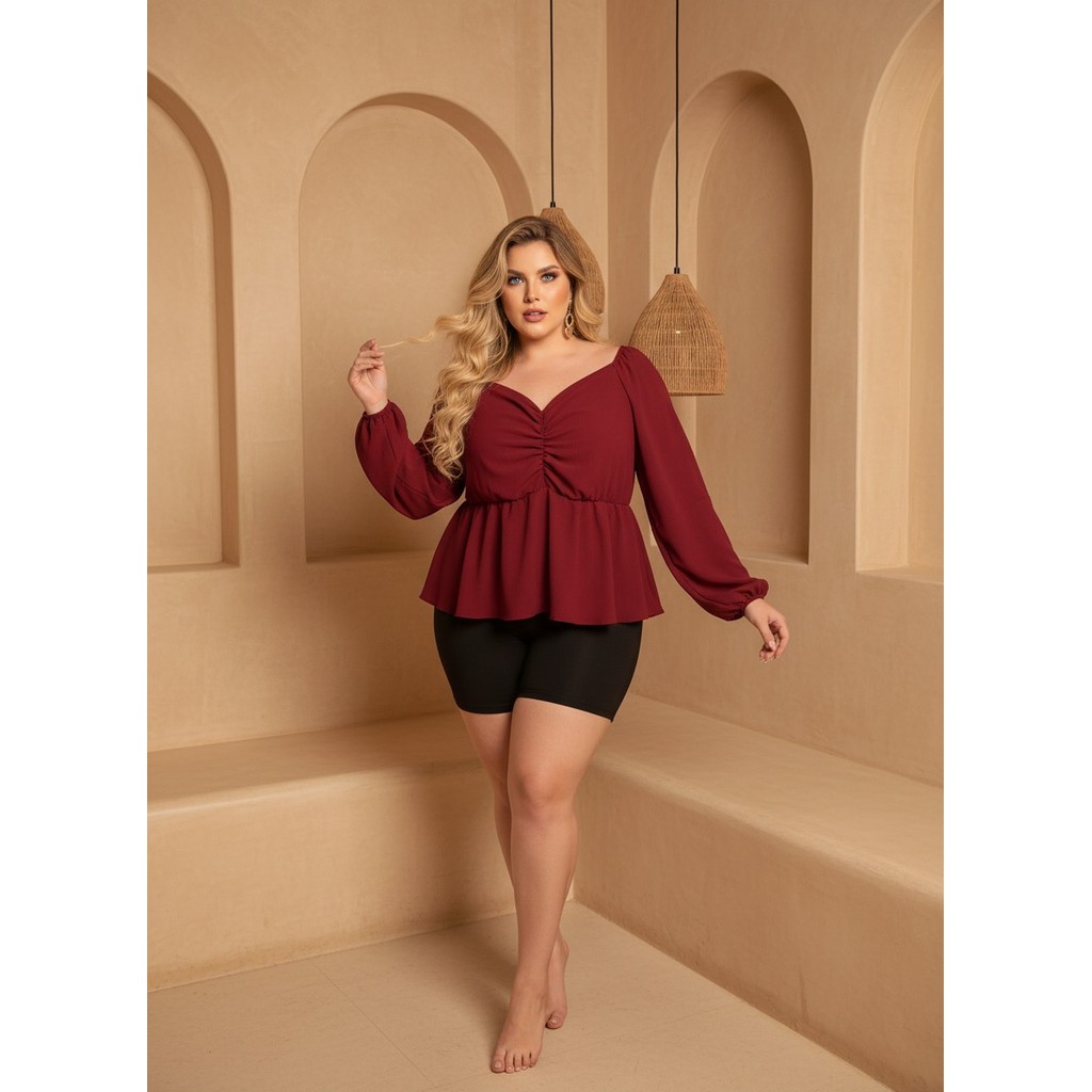 Blusa Feminina Plus Size  Manga Longa Babado Peplum Decote V Elegante Moda 2026