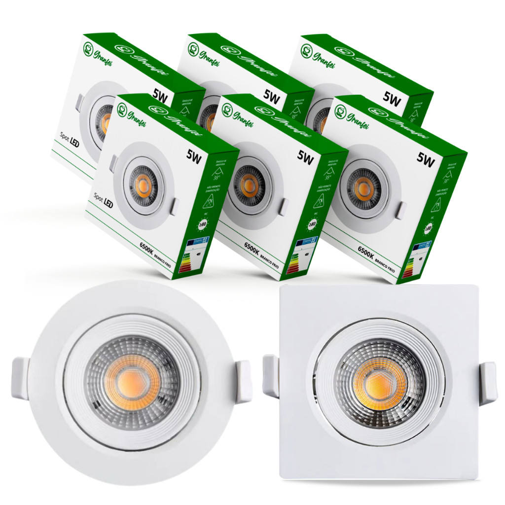 Kit 5 Luminárias Spot Led 5w Branco Embutir Direcionável Teto 3000K