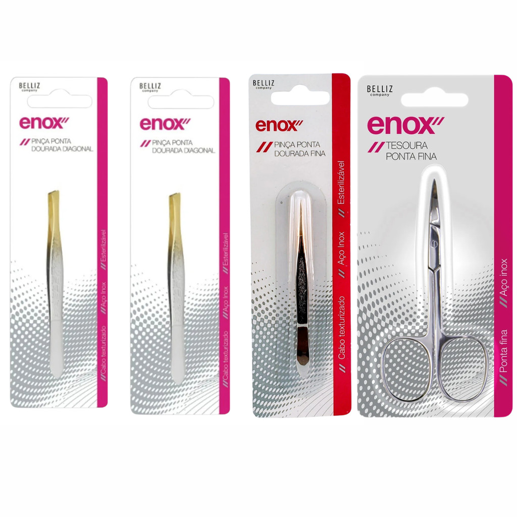 Kit Trio de Pinças Enox Pontas Reta,Diagonal e Fina  + Tesoura Ponta Fina Curvada Enox