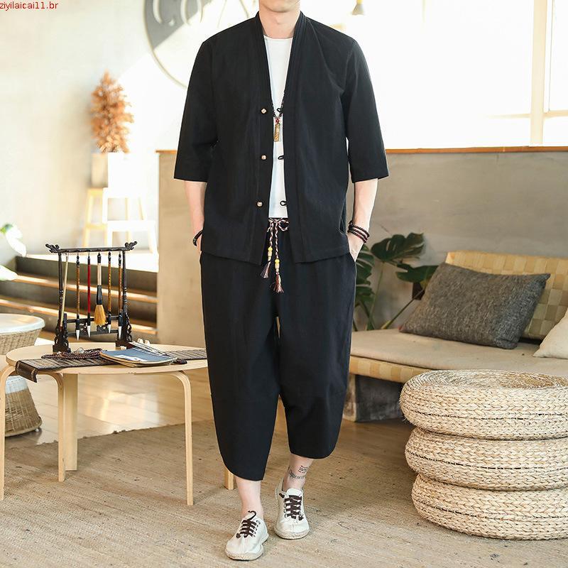 2024 verão novo estilo masculino algodão linho terno estilo chinês Retro botão Cardigan csa de manga curta calças cor