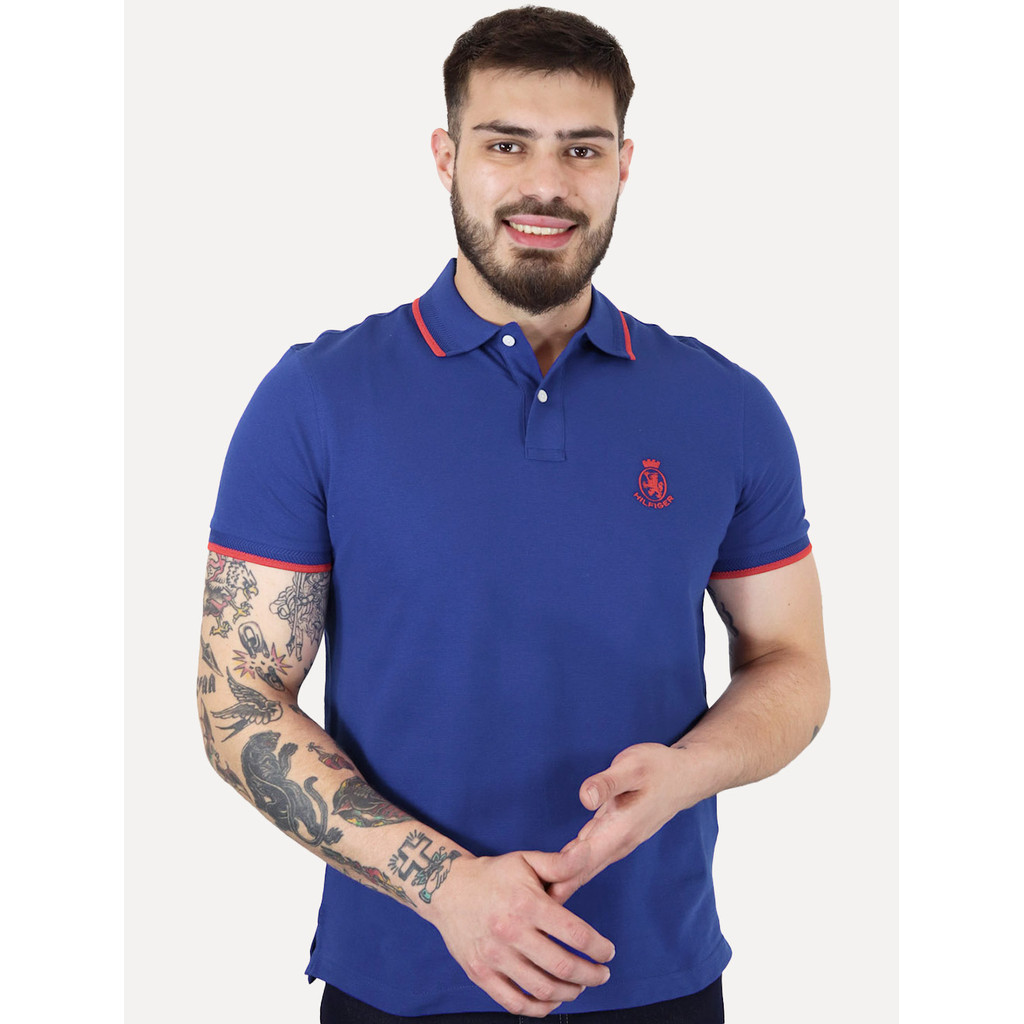 Polo Tommy Hilfiger Masculina Regular Holiday Crest Azul Royal