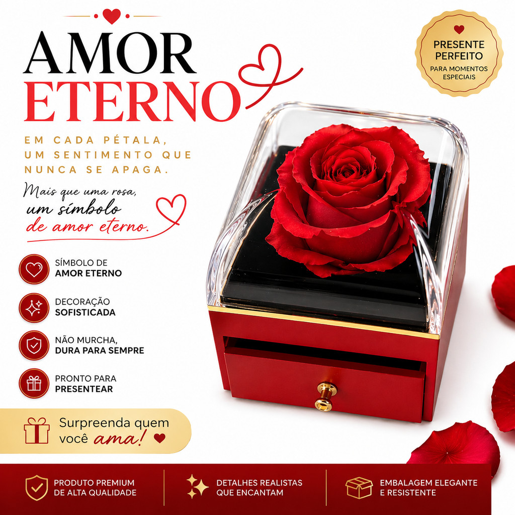 Porta Joias Rosa Eterna Caixa Presente Luxo Dia dos Namorados Dia das Mães - Aniversário