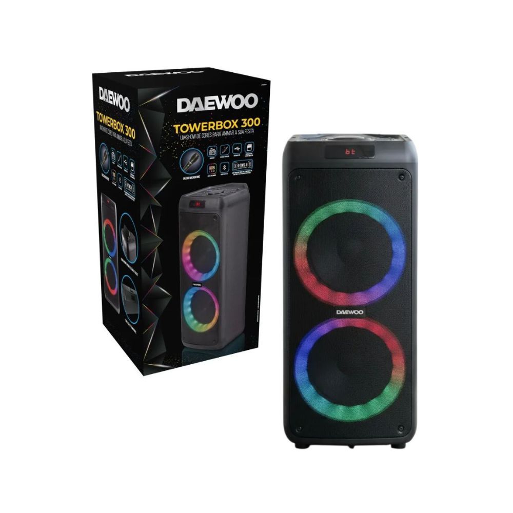 Caixa Amplificada de Som Portátil Rms Bluetooth TWS Led Bivolt Rádio FM Daewoo Towerbox