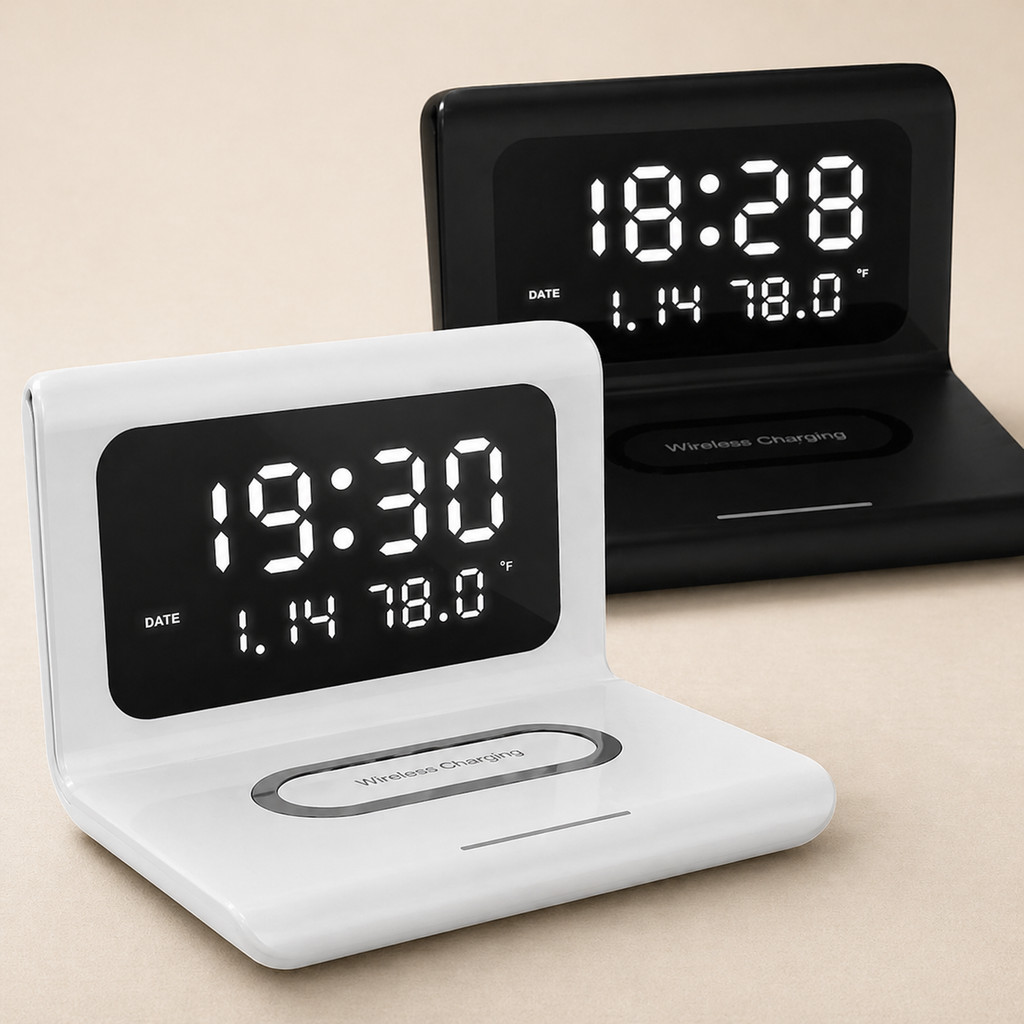 Relógio Digital Despertador De Mesa Com Carregador Indução Sem Fio E Termômetro Inteligente Led Luxo 3 Em 1