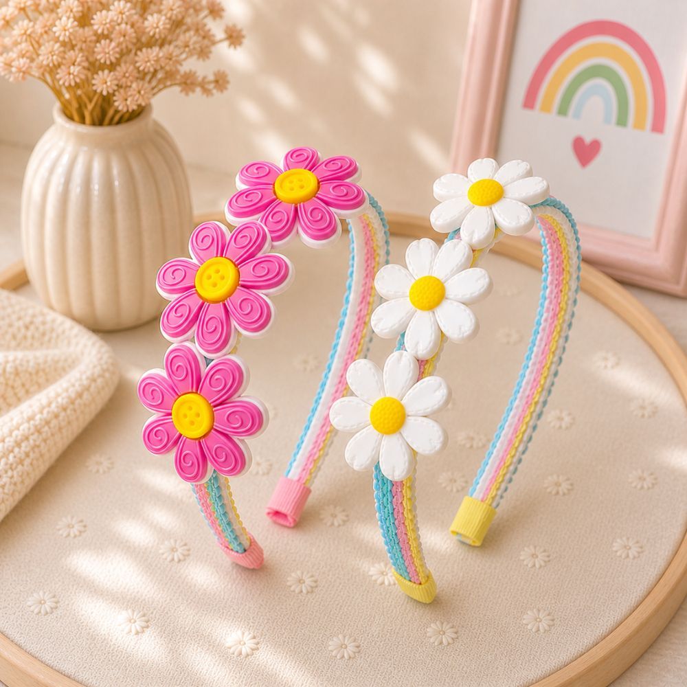 Tiara Infantil Flor Emborrachada Colorida Rosa Branca ou Kit 2 Acessorio Cabelo Menina Festa