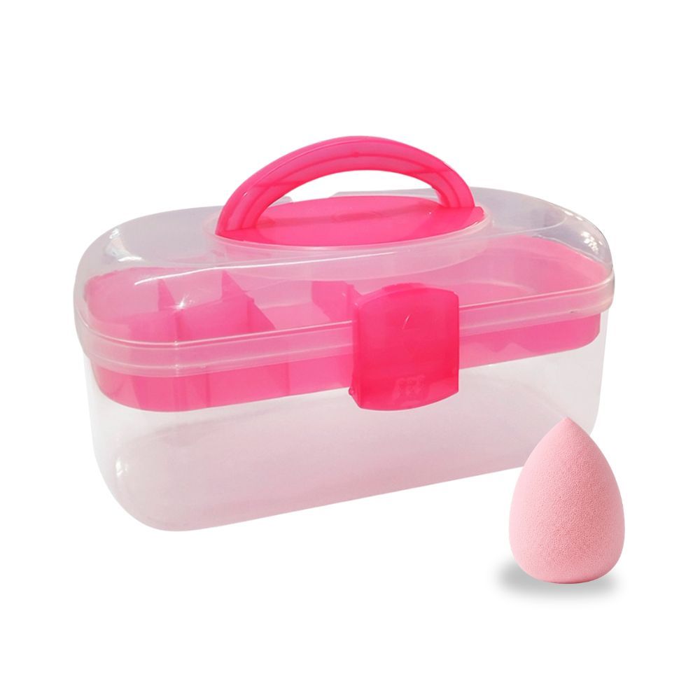 Kit Organizador Maleta Rosa Translúcida Com Divisórias E Esponja De Maquiagem Para Maquiagem E Acessórios