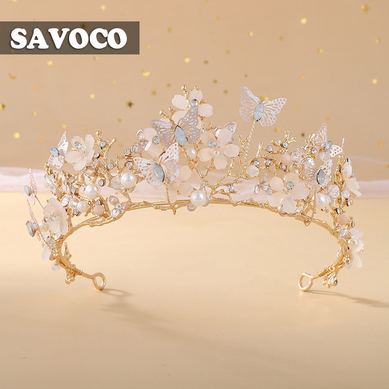 SAVOCO Coroa de Cristal com Borboletas e Flores para Casamento, Acessório de Cabelo Estilo Barroco para Aniversário de P