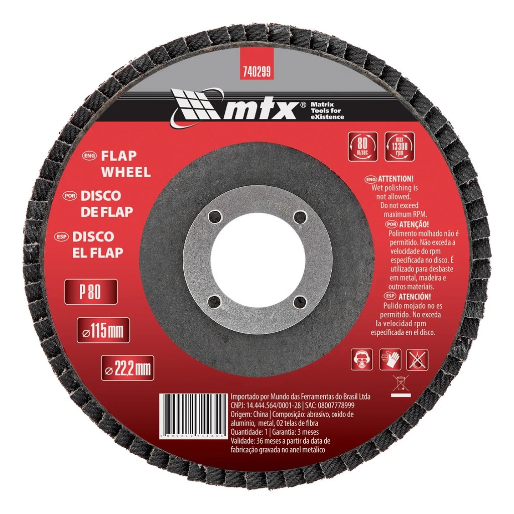 Disco Flap MTX Grão 80 115 x 22,2mm 1 Peça