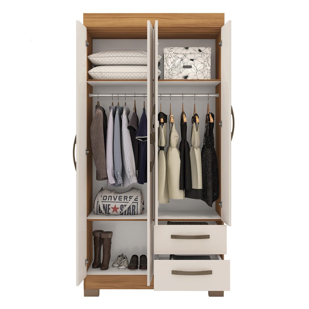 Guarda-Roupa Solteiro 6010 Para Quarto 4 portas 2 Gavetas com Pés e Cabideiro - Freijó com Off White - Notável — imagem 2 de 2