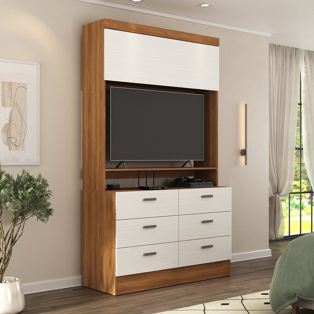 Cômoda para Quarto para TV até 42 Polegadas Viena 1 Porta 6 Gavetas Yescasa Marrom/Nogal/Branco Branco/Nogal