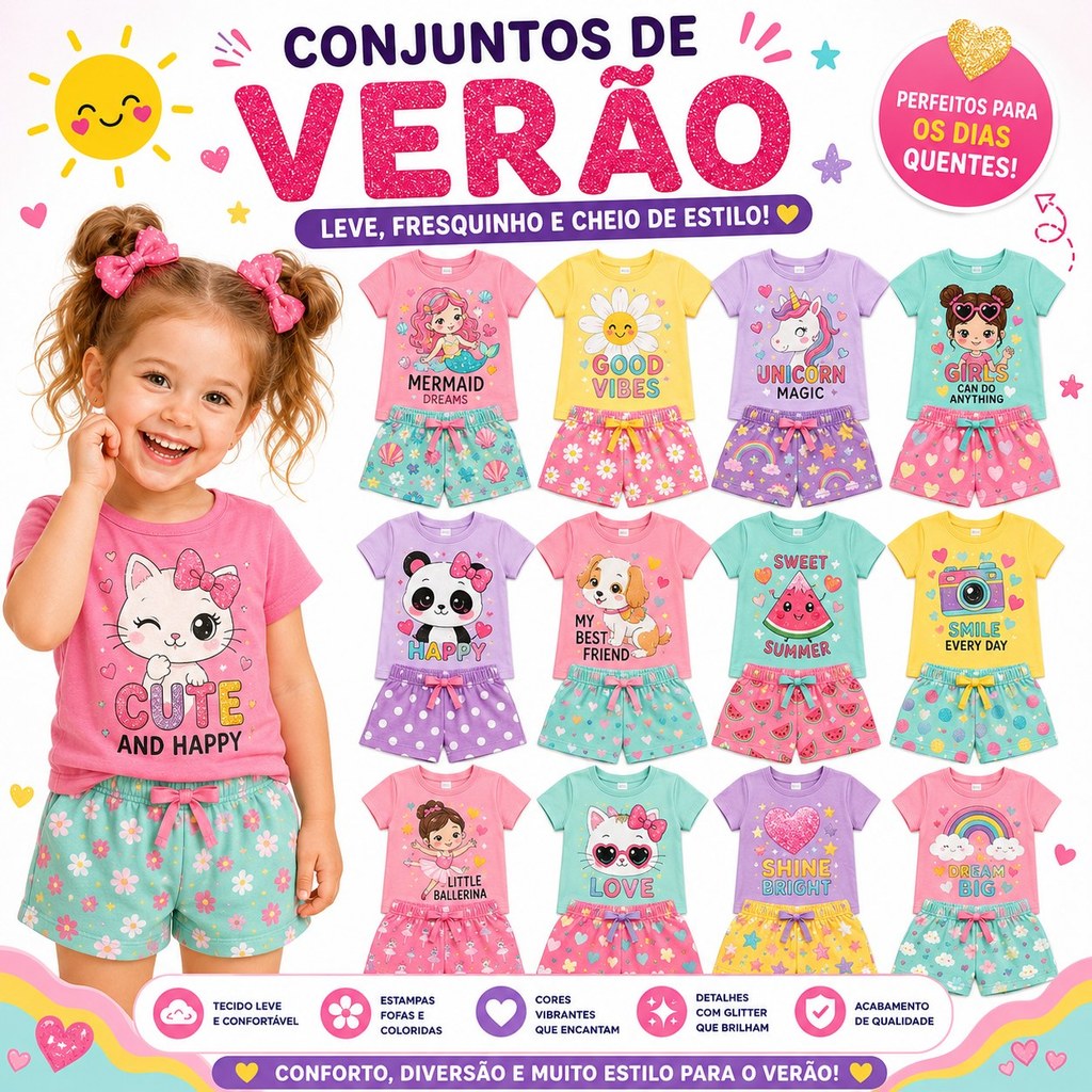 Kit Sortido 2 ou 4 Peças Conjunto Infantil Feminino Verão Menina Blusa e Short Roupa Fresquinha e Confortável VERÃO Bebê