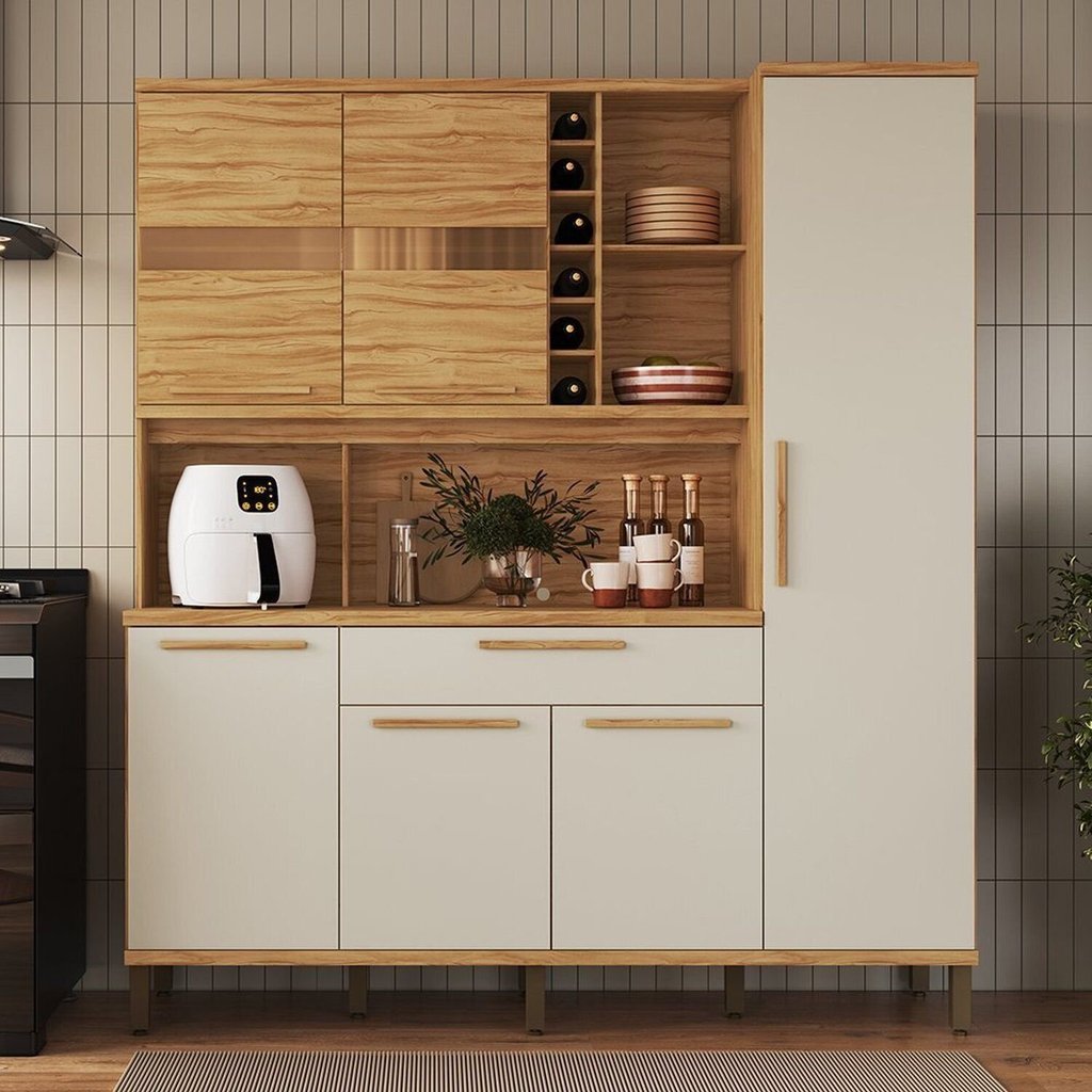 Armário de Cozinha Compacta 6 Portas 1 Gaveta e Mini Adega 178cm 100% MDF Suécia Espresso Móveis Amêndoa/Off White