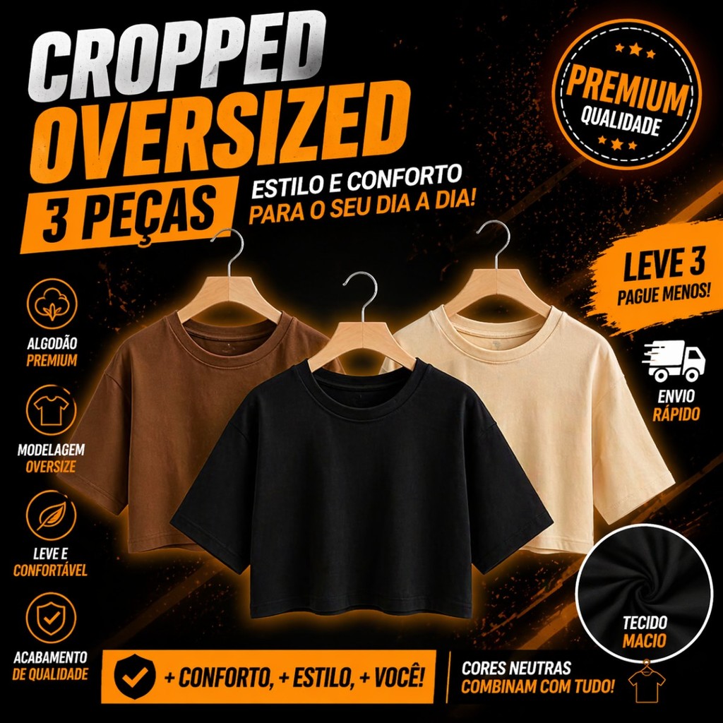 Kit 3 Blusa Cropped Feminino Oversized Academia Malha Premium 100%