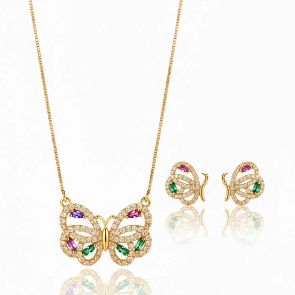 Conjunto de Colar e Brincos em Formato Borboleta Segmentada Pavé com Zircônias - OURO - COLORS - LABRILHO Joias - Banhad