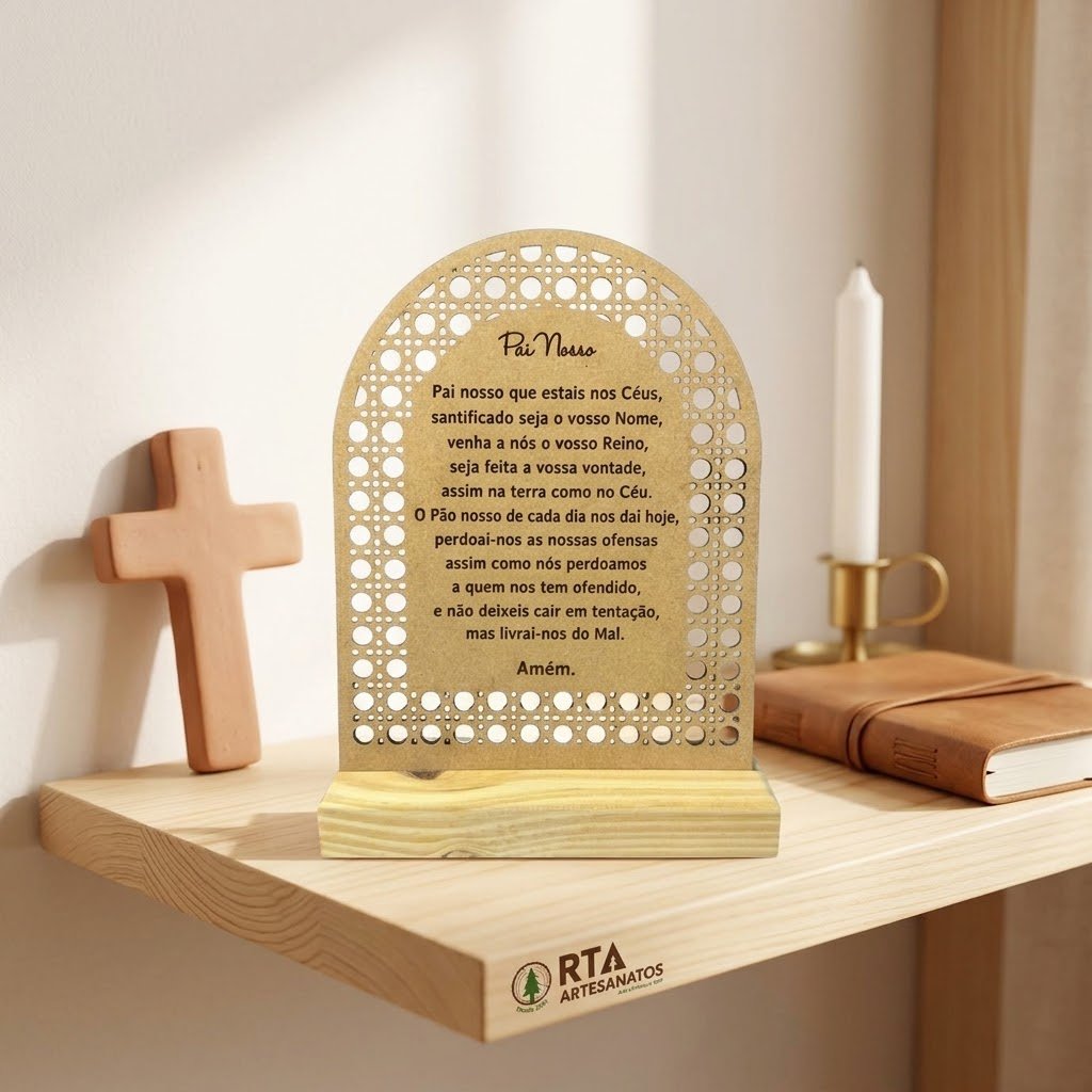 Placa Oração Pai Nosso MDF Pinus Laser Religioso Mesa Altar Aparador Sala Quarto Decoração
