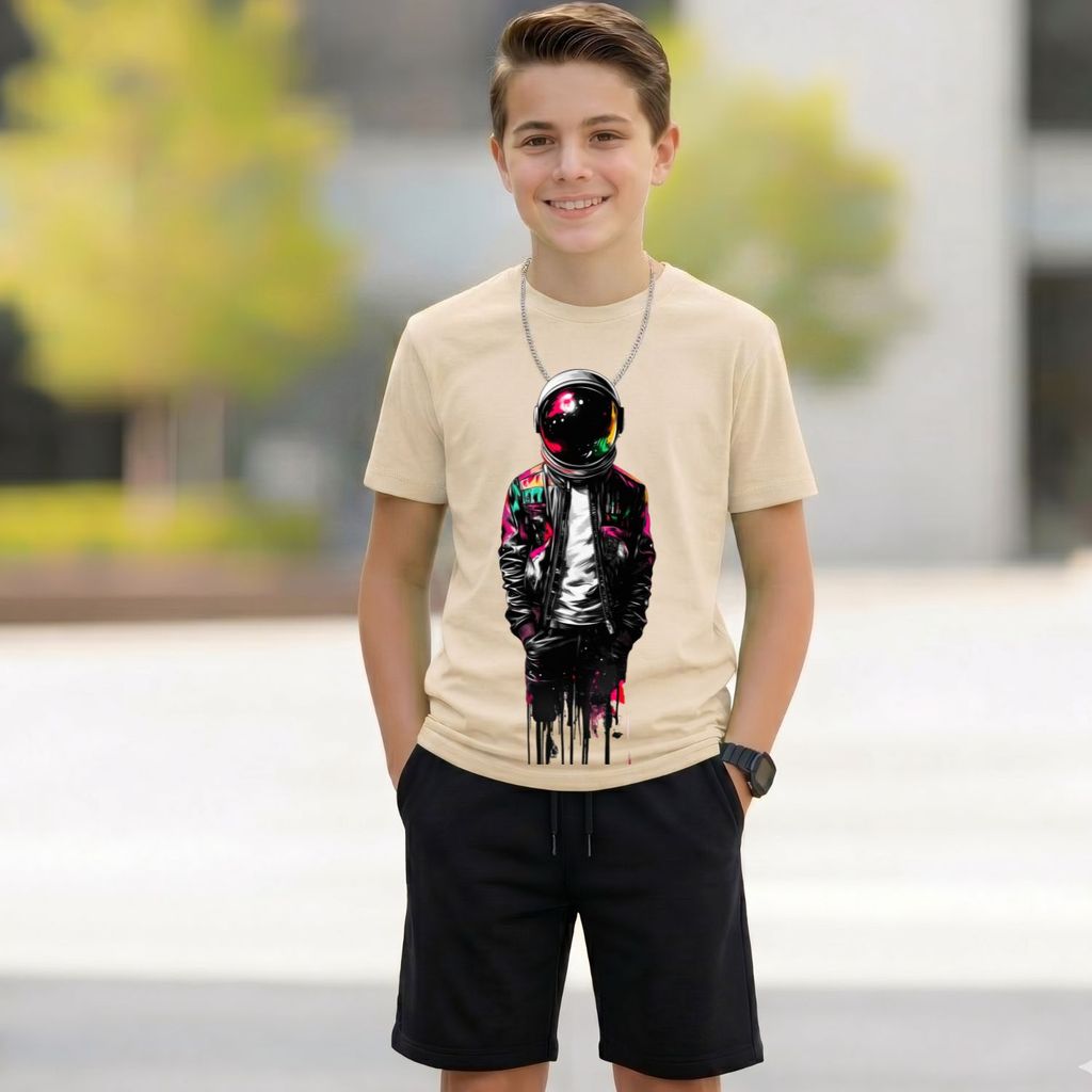Conjunto Astronauta: Camiseta estampada Short Preto 100% Algodão Premium Presente Criança Tendência 2026