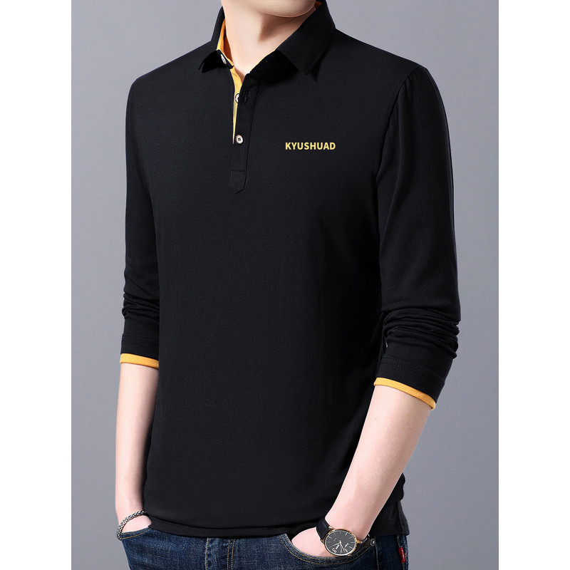 Camiseta de manga comprida masculina lapela solta camisa pequena outono roupas masculinas negócios roupas casuais Plus S