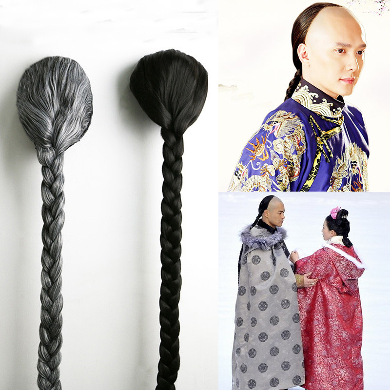Traje antigo dinastia qing trança masculina chapelaria peruca dinastia qing grande trança desempenho tiro dinastia qing