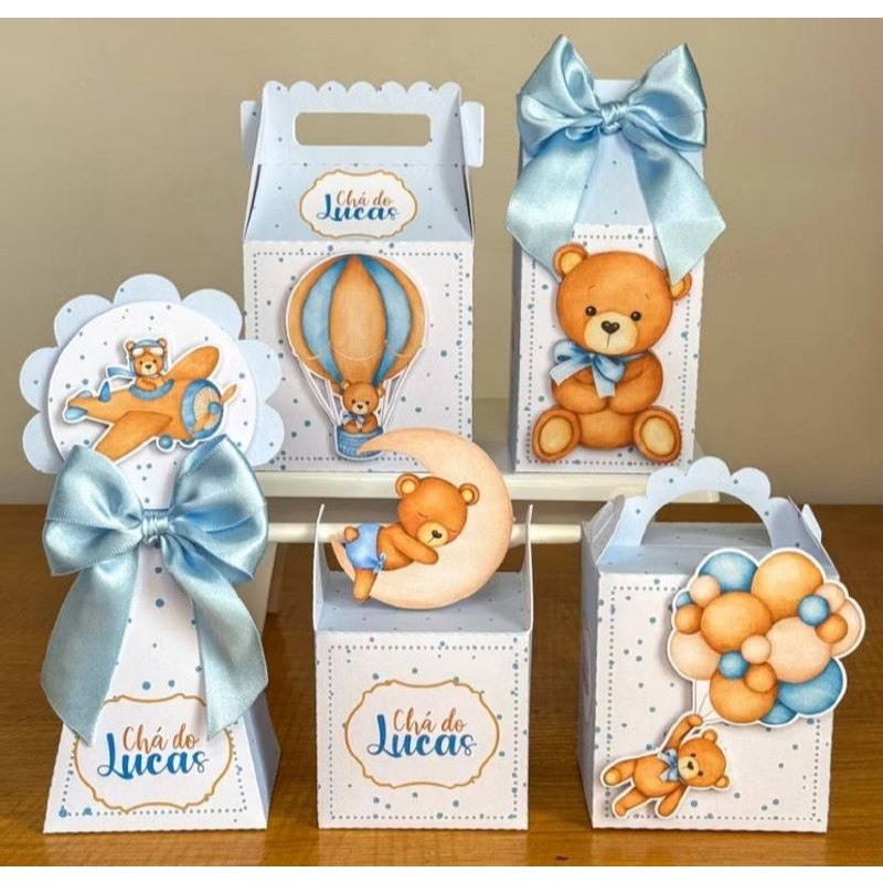 Kit Festa Personalizado Ursinho Baloeiro Azul - 20/30/50 Peças - Papel offset - Chá de Bebê e Aniversário