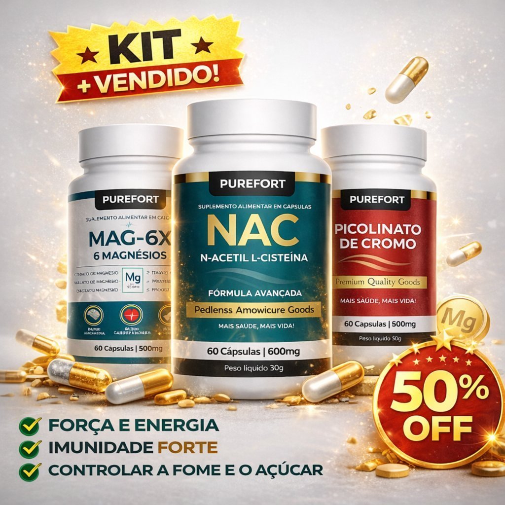 KIT PRO PERFORMACE NAC + MAGNÉSIO 6X + CROMO | ENERGIA, IMUNIDADE E PROTEÇÃO CELULAR 180 Cáps