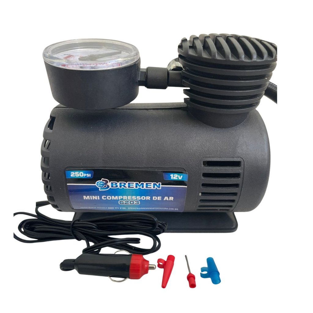 Compressor 12V com 3 metros de Cabo Potente 250PSI Enche Pneu de Moto Carro e Bicicleta