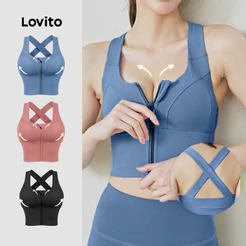 Lovito Casual Sutiã Esportivo Esportivo Pele Amigável Levanta 4 Vias Elástico com Zíper Azul Sutiã esportivo LNA129036