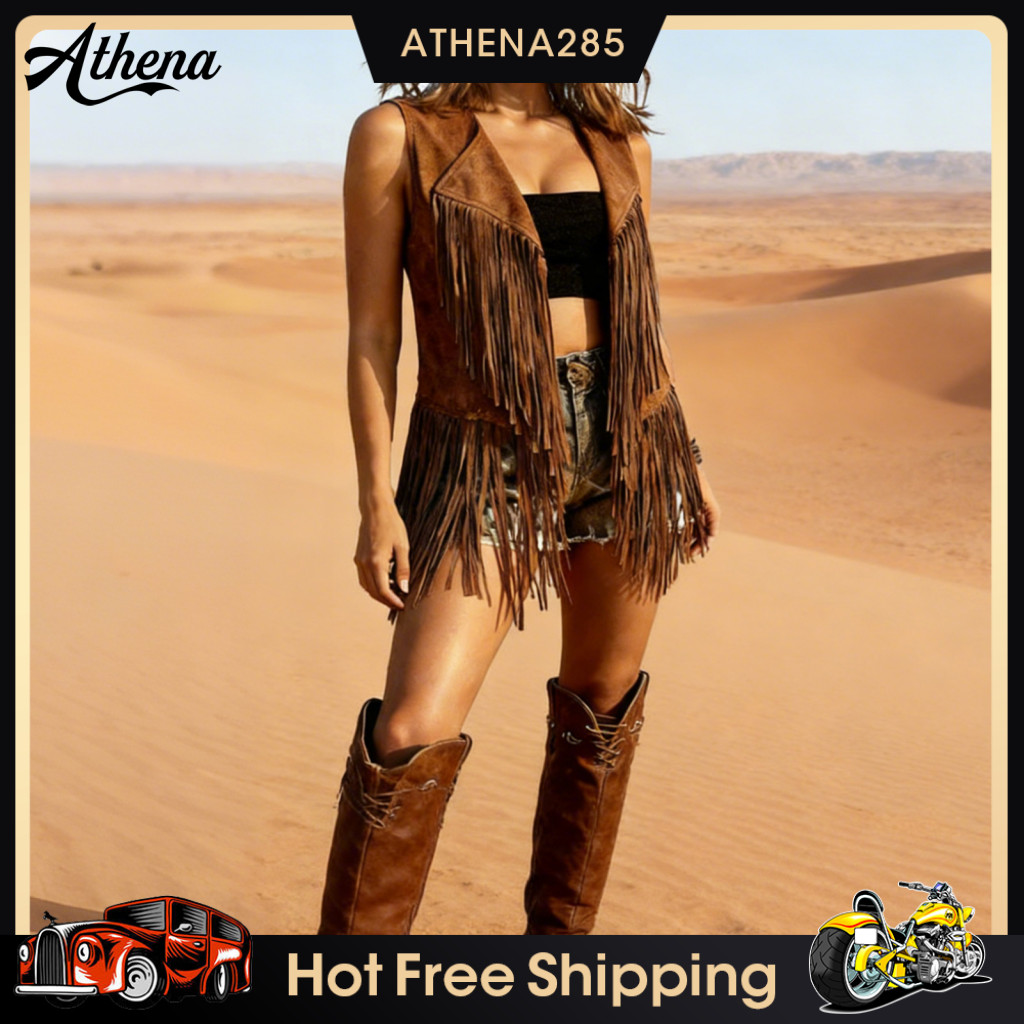 Women Faux Suede Fringe Vest Retro 60s Western Women’s Tassel Jacket Open Front Cowgirl Cardigan Outerwear Stylish Lig
