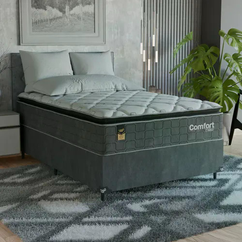 Cama Box Viúva + Colchão Comfort Class Pillow Top 128x188 Cinza/suede Cinza