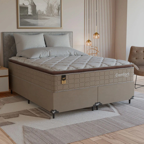 Cama Box Queen + Colchão Comfort Class Pillow Top 158x198cm Bege/suede Bege