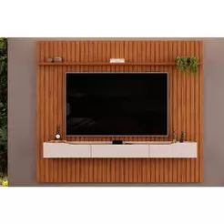 Rack Bancada c/ Painel p/ TV até 85 Pol Pratic Ripado 3 Gavetas 250x240cm Freijó/Off White - DJ Móveis