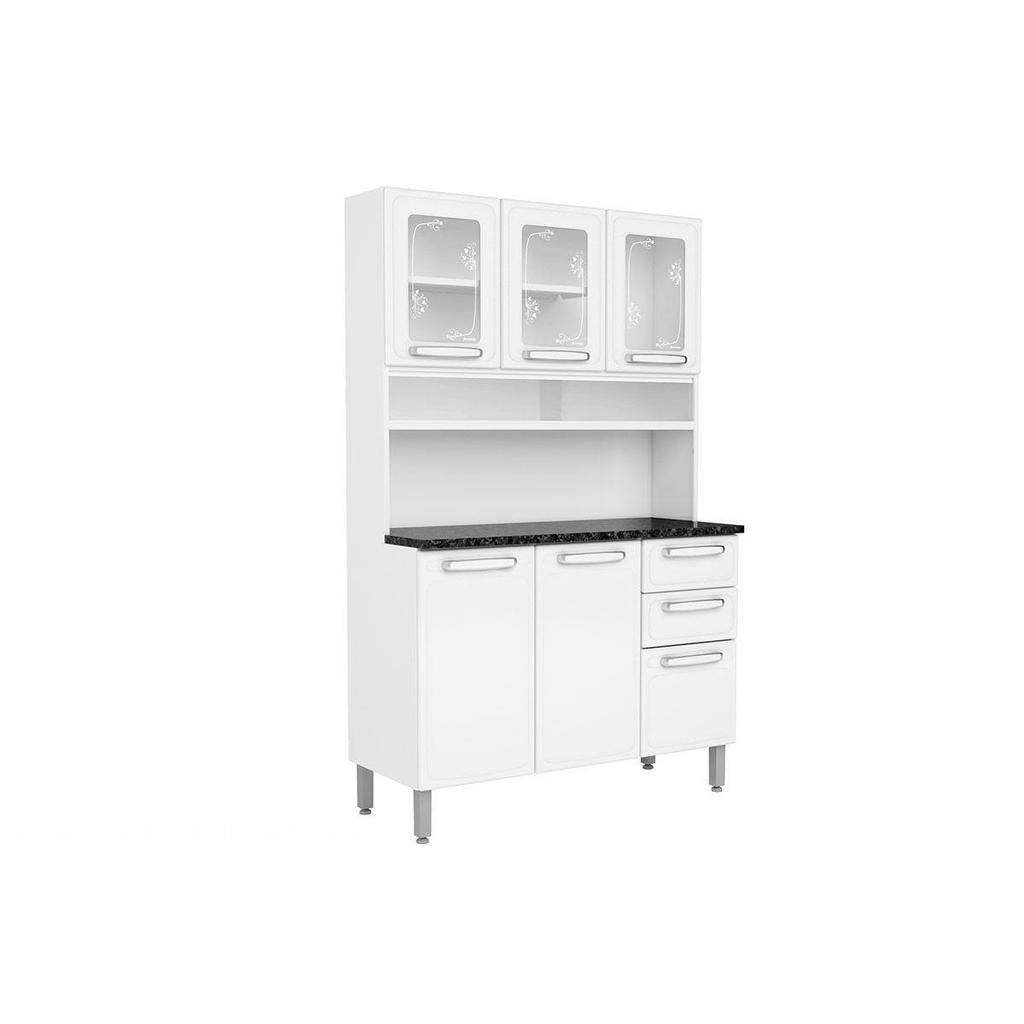 Kit de Cozinha Compacta Evidence c/ 6 Portas (3 c/ Vidro) e 2 Gavetas 120cm Branco - Bertolini