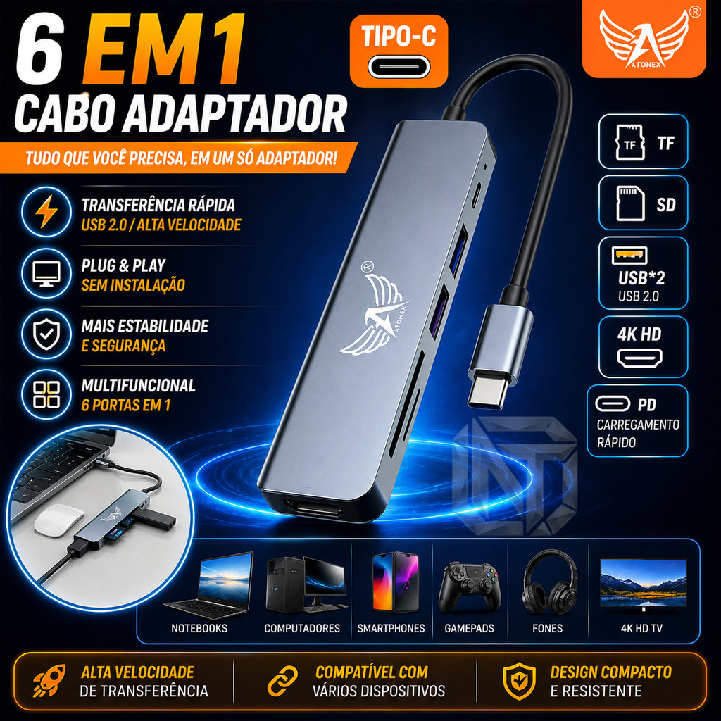 Estação de acoplamento TYPE C com 6 portas para hub compatível com HDMI, adaptador USB C, leitor de cartão SD/TF,