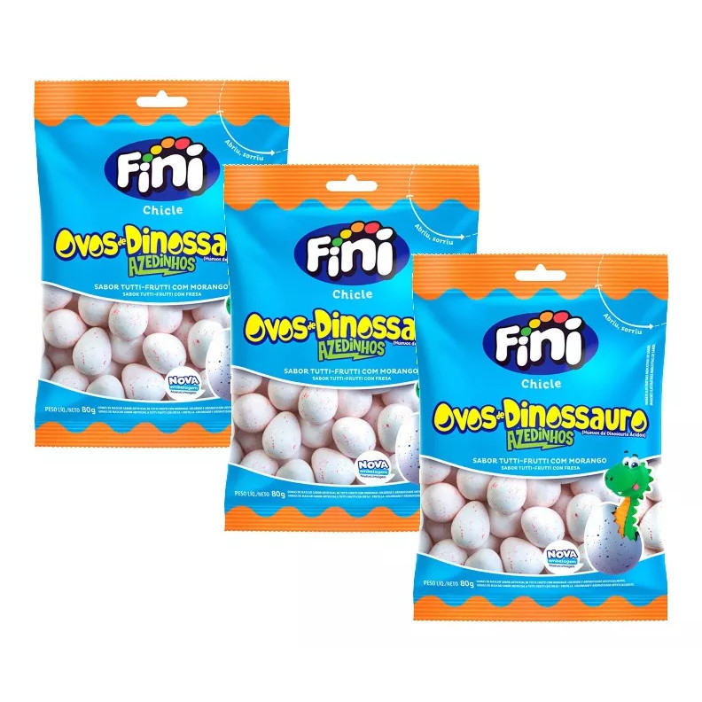 Kit 3 Fini Chicle Ovos de Dinossauro Azedinho Sabor Tutti Frutti com Morango 80g