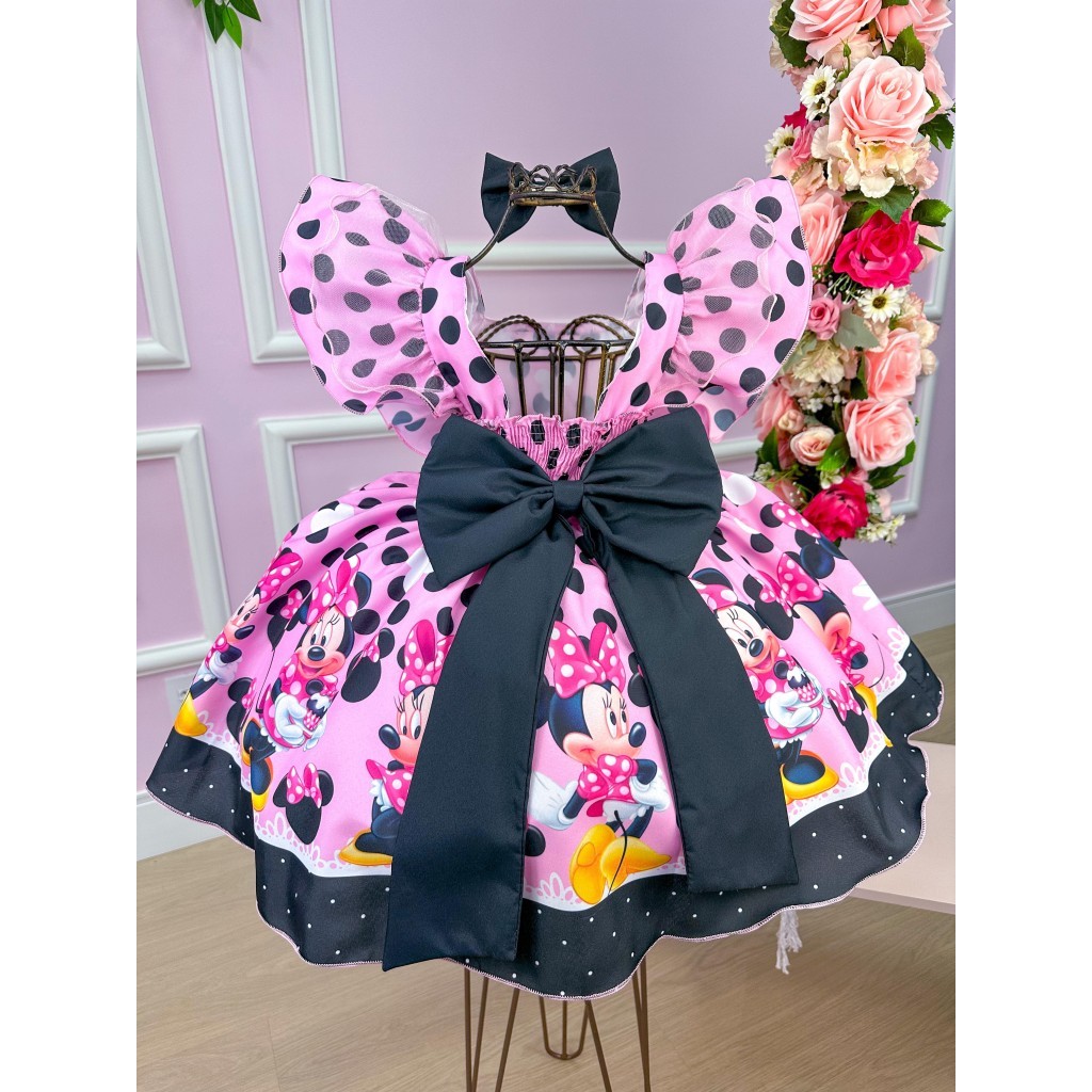 Vestido Temáticos Kids Minnie/Minie Rosa Com Preto - Leveza e Elegância para Meninas | Bebeloo Kids