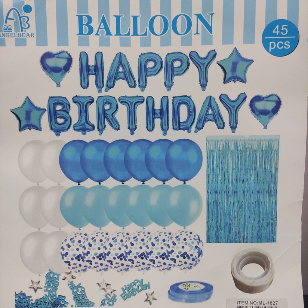 Kit Bexiga Balão cortina Metalizado Happy Birthday  Aniversario 45pçs Azul Festa Decoração Enfeite Lembrancinha